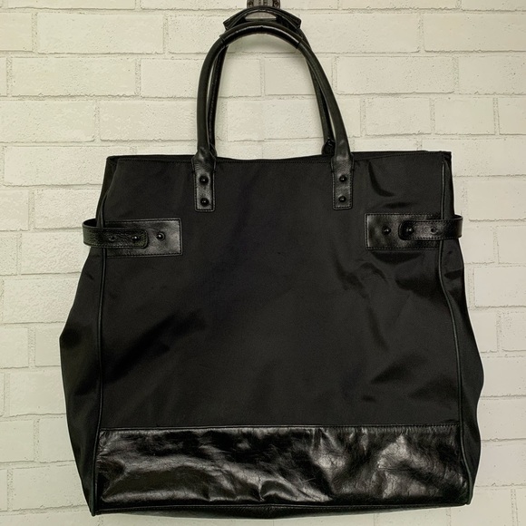 Club Monaco Black Leather Nylon Tote Travel Bag - Picture 6 of 8